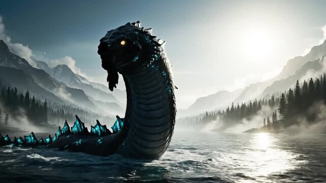 A dark, serpentine sea monster emerges from a dark swamp with misty mountains and trees in the background under a dramatic sky.