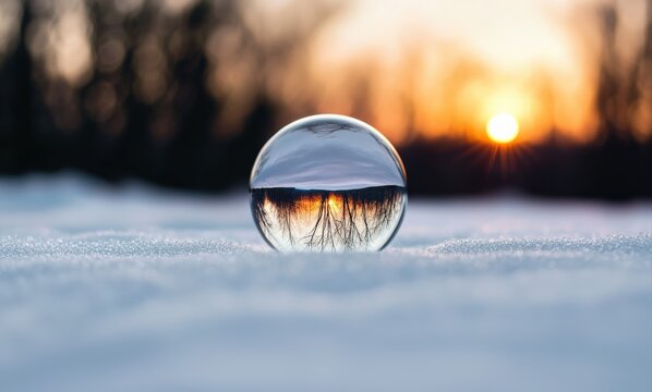 Clear glass lensball resting on fresh snow, reflecting an inverted winter forest scene with a vivid orange sunset