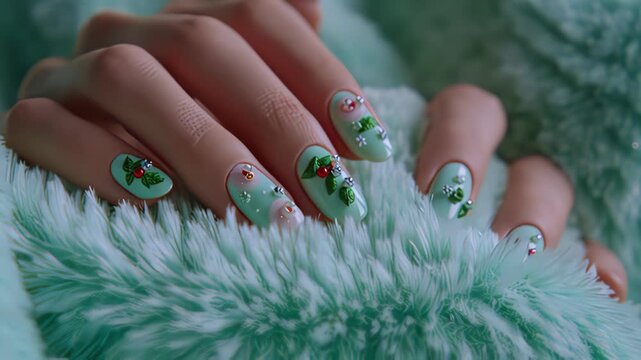 Close-up of a womans hand with festive nail art resting on a soft, fluffy teal blanket, showcasing intricate holiday-themed designs on each nail.