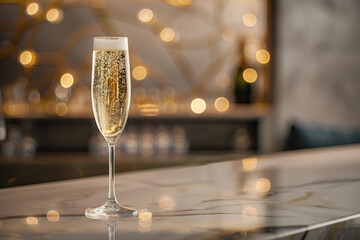 A glass of champagne on a marble bar with bokeh lights in the background, creating a festive and elegant atmosphere for celebrations. New Year and Christmas background