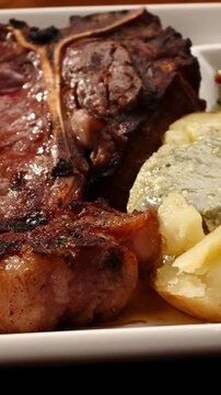 Grilled steak with garnish, T-bone, chorizo ​​steak