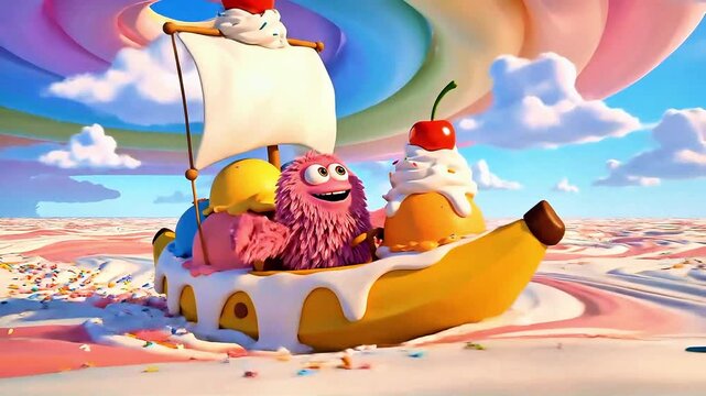 animation video ice cream characters in a banana split boat.