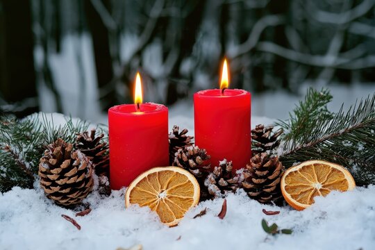 Red advent candles illuminating a festive winter scene with pine cones, dried orange, and evergreen branches in fresh snow, offering copy space