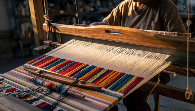 Person weaving colorful fabric on a wooden loom.