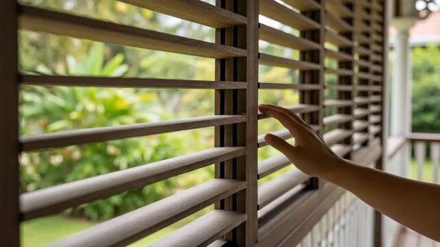 Hand adjusting wooden shutters with lush greenery view on a sunny day