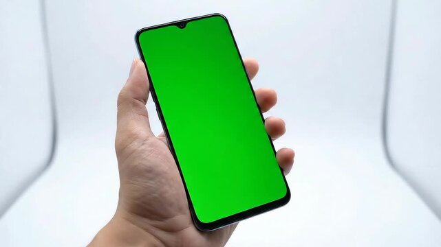Human hand holding a modern black smartphone with a vibrant green screen, providing a versatile digital content mockup for applications, videos, and website presentations on a clean white background
