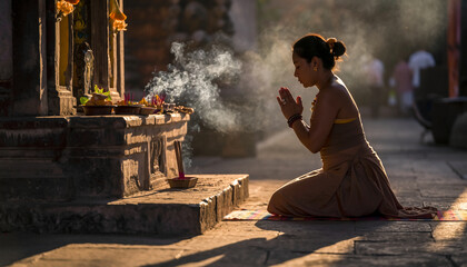 Woman praying at an altar with incense smoke and offerings.