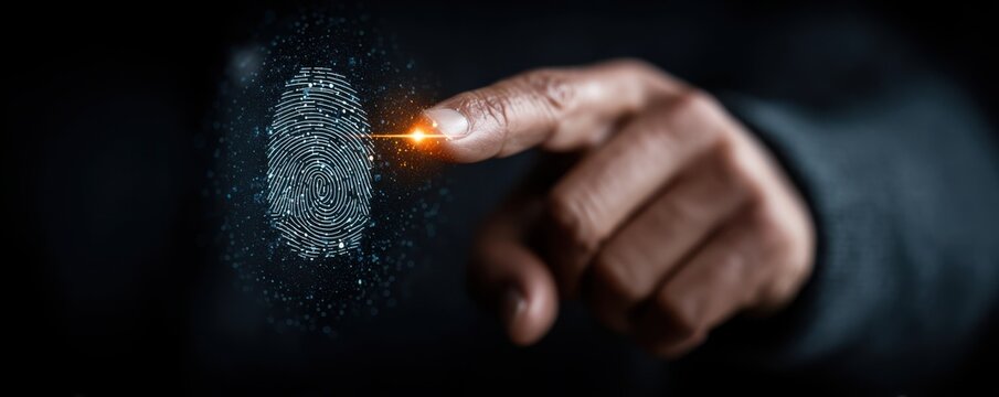 Businessman uses biometric fingerprint security to access a secure digital network and protect data