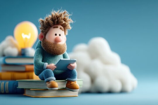 Cartoon man sits atop a stack of books, holding a tablet with a glowing lightbulb idea - Powered by Adobe