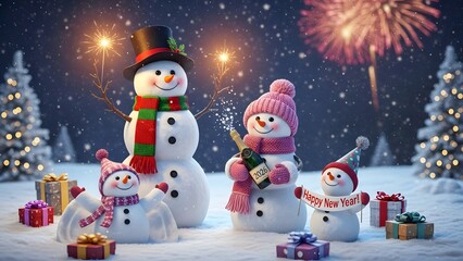 Festive snowman family celebration with fireworks and christmas trees