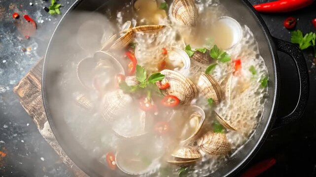 Steaming Clam Chowder with Red Pepper and Herbs in Pot