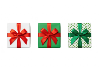 Three gift boxes with red and green ribbons, isolated on transparent background