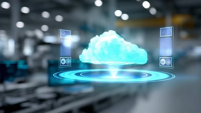 4K hyper-detailed futuristic industrial technology scene illustrating how cloud computing powers Industry 4.0 factory automation. Inside a smart manufacturing
