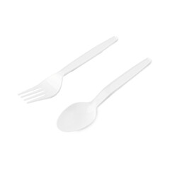 White Plastic Fork and Spoon Set Isolated on White Background.