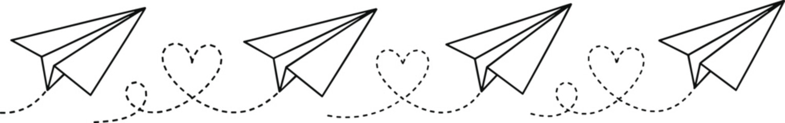 Paper airplane heart trails border, love message line art vector, travel romance design element