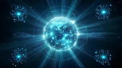 Experience the future with this dynamic technology animation showcasing glowing circuit patterns and a central energy sphere, perfect for illustrating innovation and advanced digital concepts - Powered by Adobe