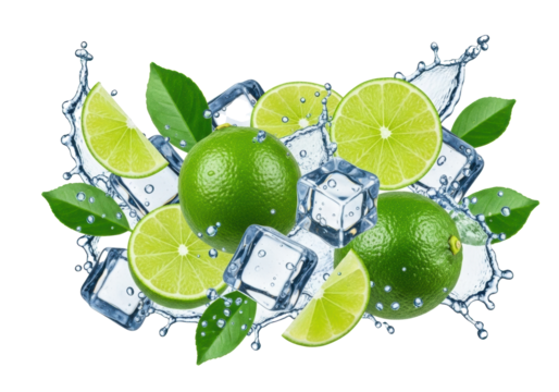 Vibrant green lime slices, whole limes, fresh leaves, ice cubes, and water splashes suspended mid-air against a transparent background, clean commercial concept for beverages