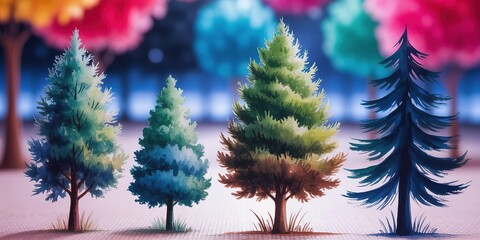 Watercolor trees show different shades of green, brown, and blue on white background
