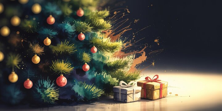 Decorated Christmas tree with presents and watercolor splash creates festive and artistic holiday scene