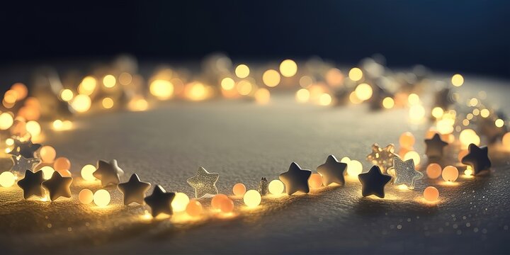 Glittering star ornaments surround a string of glowing lights creating a festive, luminous circle