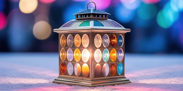 Decorative lantern showcases vibrant gemstones shining brightly against a softly blurred bokeh background creates an inviting ambiance