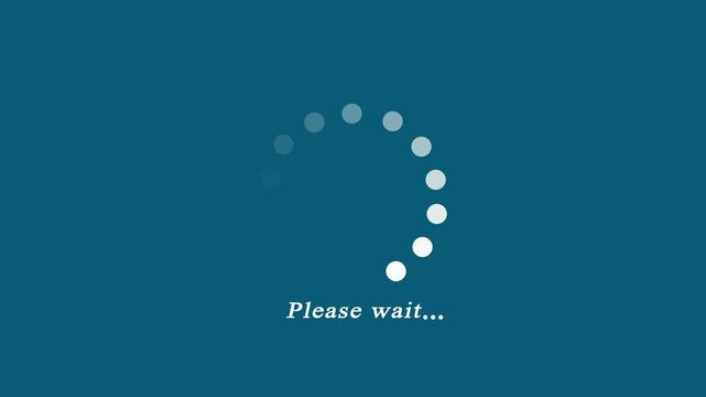 Animation of please wait text with spinning dots progress indicator for data sync and system status isolated on light blue background.