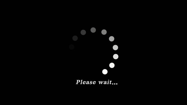 Animation of please wait text with spinning dots progress indicator for data sync and system status isolated on black background.