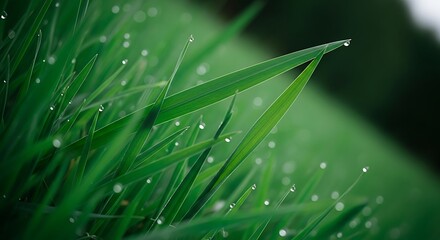 Close up of green grass blades with dew drops water drops nature