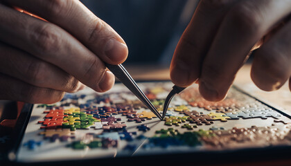 Hands using tweezers to assemble a colorful jigsaw puzzle.
