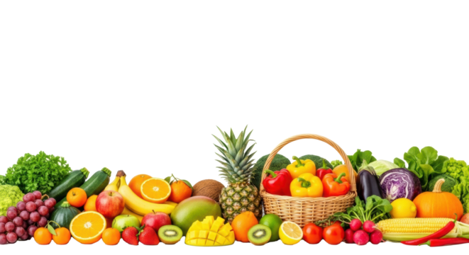 A vibrant, meticulously arranged assortment of fresh fruits and vegetables with a wicker basket on a transparent background, concept of healthy eating and natural goodness