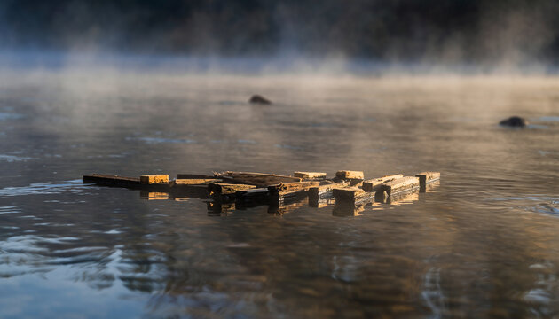 Debris floats on misty water at sunrise.