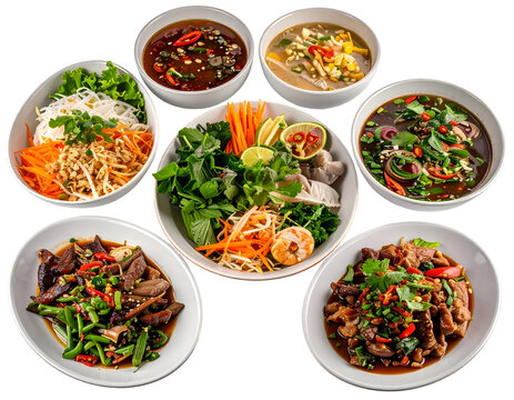 Assorted Asian-style soups and stir-fried dishes arranged on white bowls with fresh vegetables and herbs