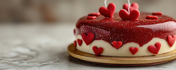Valentine's Day cake with heart candles and red heart decorations on white frosted cake