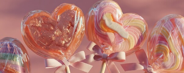 Sweet heart shaped lollipops and candy on pink background for valentine themed celebration