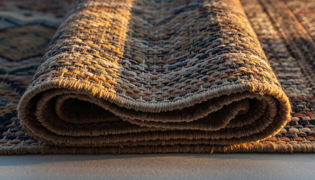 Rolled rug with woven texture and geometric patterns illuminated by warm light.