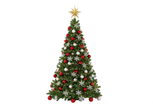 Decorated christmas tree with star, ornaments, and lights isolated on transparent background
