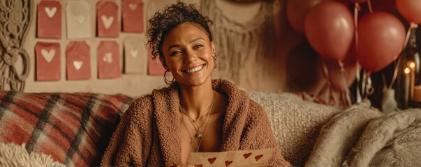 Woman on a pink sofa holding a heart envelope, with balloons and cozy decor creating a romantic home scene