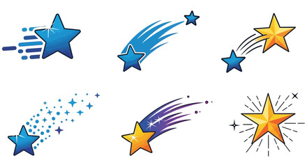Collection of stylized star icons and shooting star designs on a black background for graphic design and creative projects perfectly sized