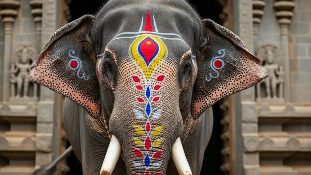 Intricate patterns on decorated elephant in traditional temple setting display majestic artistry