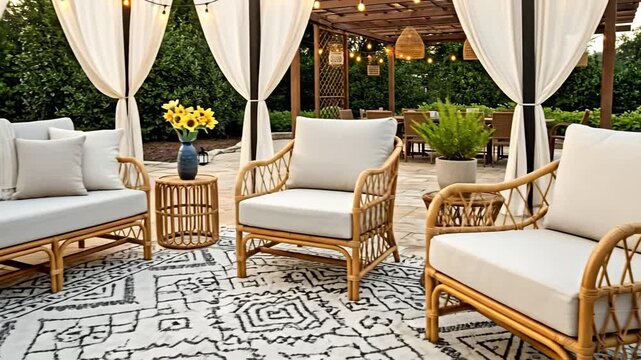 Elegant Outdoor Patio Seating Area with Rattan Furniture and String Lights Creating a Cozy Evening Ambiance