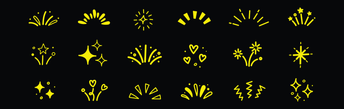 Line icon ray, confetti element set. Starburst line art with hand drawn glitter spark, pop icon shapes and surprise emphasis elements. Decorative sketch style for a sunshine ray vector illustration