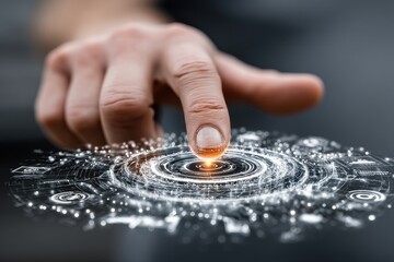Businessman touches futuristic holographic screen, showing a digital city map and data visualization