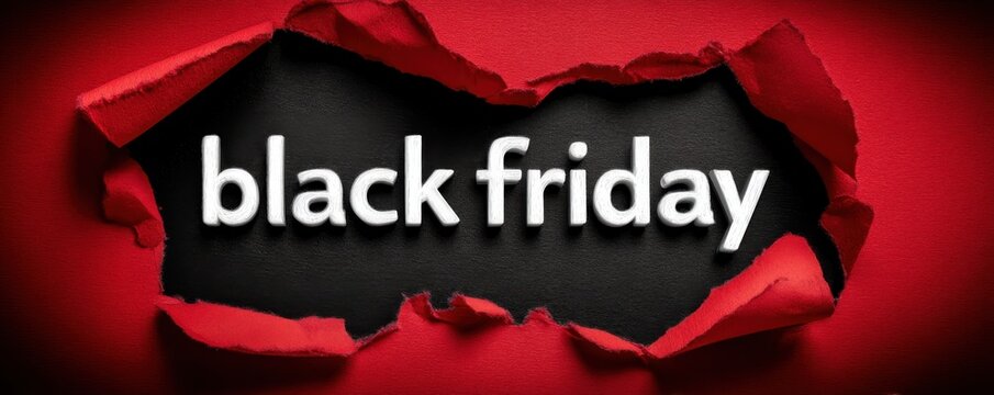Black Friday sale concept with torn paper revealing bold Friday message on red background