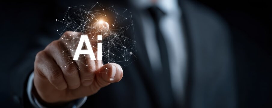 Businessman interacts with an artificial intelligence hologram, signaling digital transformation and futuristic technology