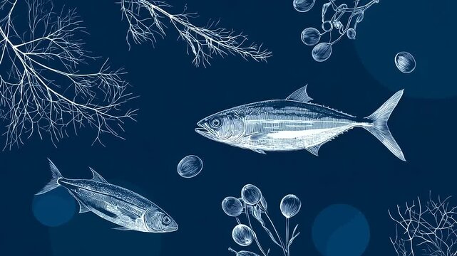 Minimal cyanotype-style blueprint of fish outlines and seaweed, vintage scientific aesthetic, deep blue palette, with copy space