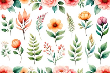 Watercolor Floral Arrangement with Leaves and Blossoms &ndash; Botanical Illustration Collection