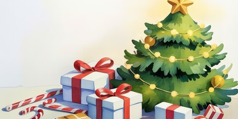 Christmas tree surrounded by colorful gifts and candy canes create a warm holiday scene