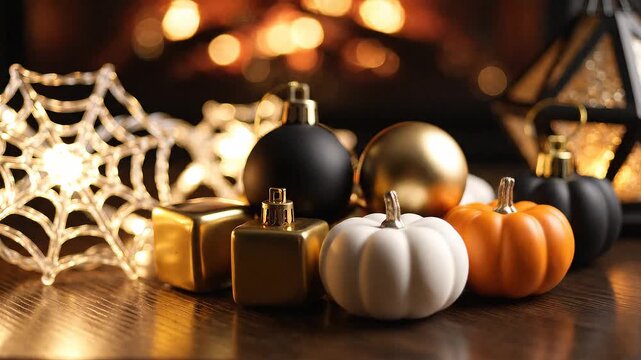 Cozy autumn evening with aesthetic neutral-toned Halloween decor, featuring pumpkins, golden elements, and soft glowing lights in a festive home setting
