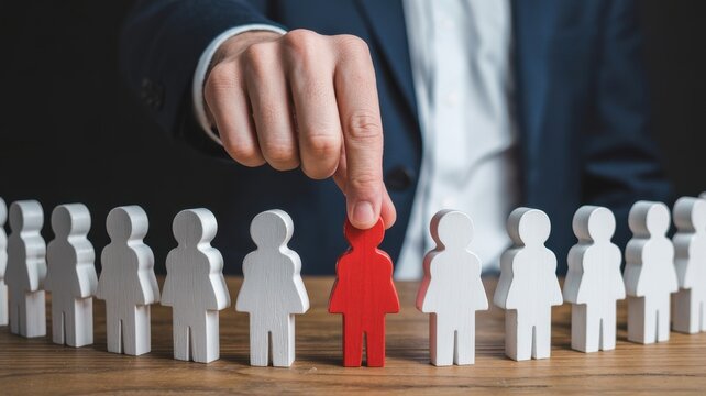 Hand picking a red wooden figure from a group of white figures on table