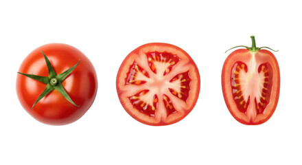 Vibrant red ripe tomatoes (whole, cross-section, half-cut) showing stems, seeds, and juicy pulp, on a transparent background with copy space, top-down view, healthy food and freshness concept